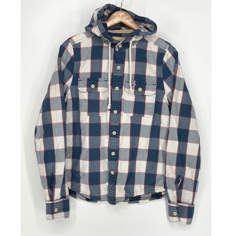Hollister Mens Shirt M Hoodie Skater Grunge Blue White Red Plaid Hooded Flannel